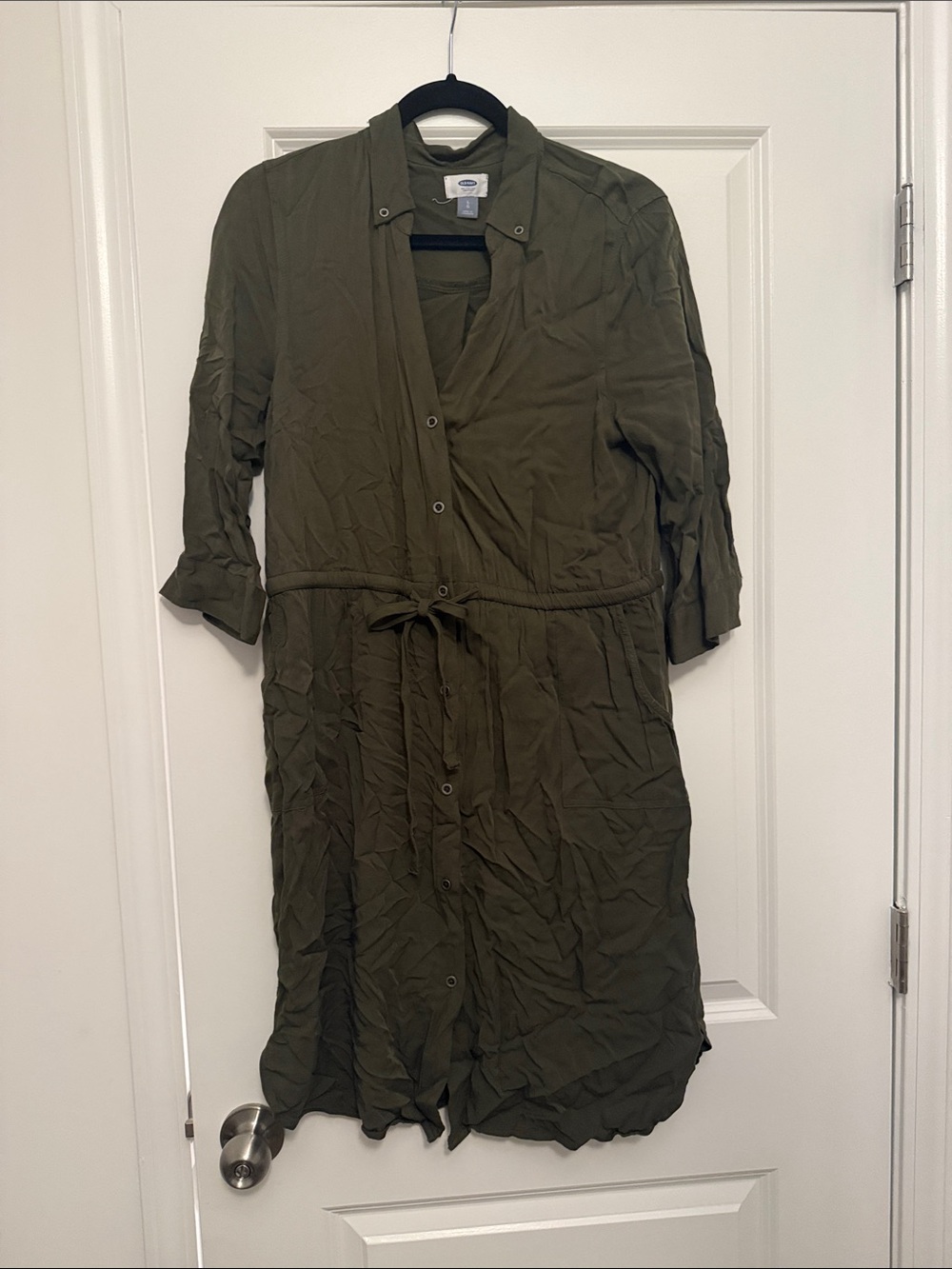 Old Navy Olive Green Button-Front Midi Dress with Waist Tie